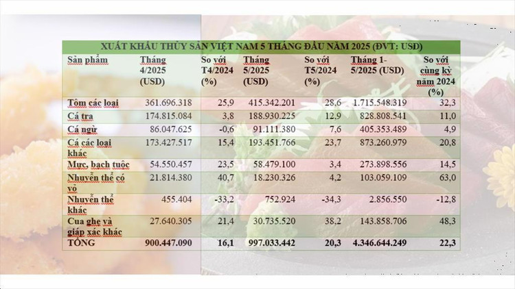 Tình hình xuất khẩu thủy sản 5 tháng đầu năm 2025 (nguồn: VASEP)