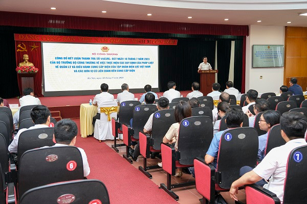 Toàn cảnh sự kiện công bố Kết luận thanh tra chuyên ngành về việc thực hiện các quy định của pháp luật về quản lý và điều hành cung cấp điện của Tập đoàn Điện lực Việt Nam (EVN) và các đơn vị liên quan. (Ảnh: Moit) 