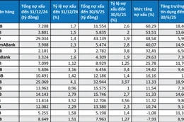 Nợ xấu và tăng trưởng tín dụng của các ngân hàng - Nguồn: Báo cáo tài chính quý II/2025 các ngân hàng