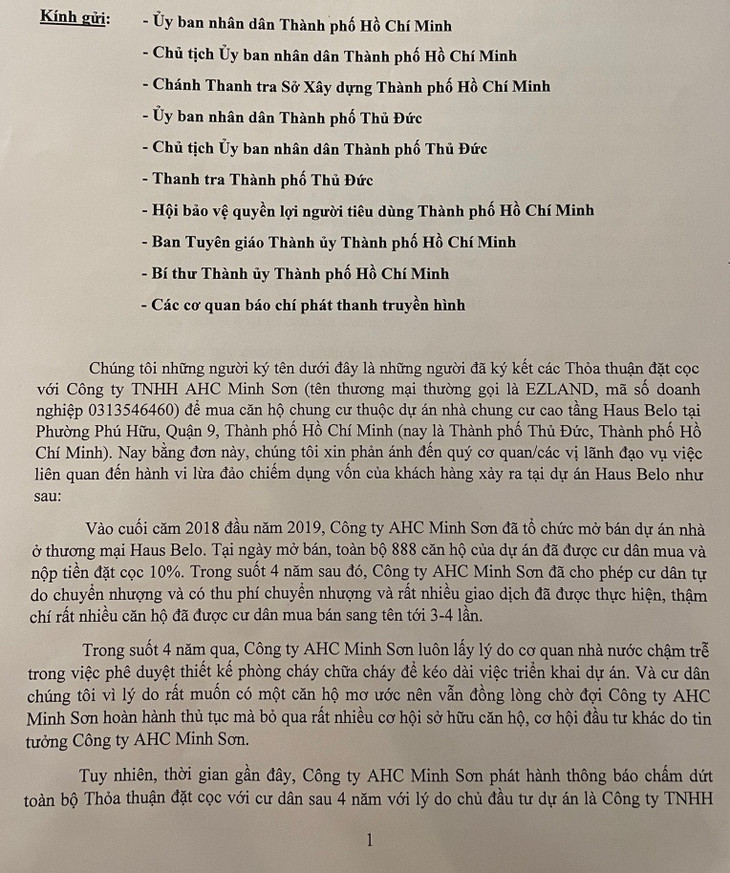Đơn phản ánh của khách hàng mua nhà tại Dự án Haus Belo Đơn phản ánh của khách hàng mua nhà tại Dự án Haus Belo