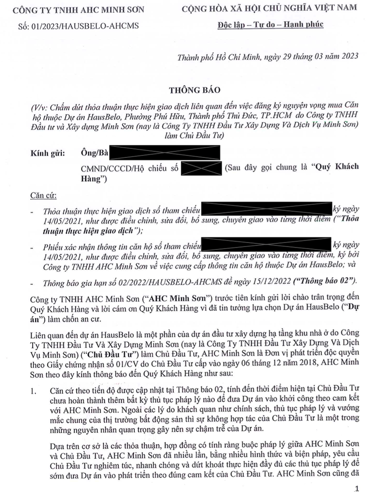 Công ty TNHH AHC Minh Sơn thông báo chấm dứt thỏa thuận thực hiện giao dịch kể từ 31/3/2023 khiến khách hàng bức xúc Công ty TNHH AHC Minh Sơn thông báo chấm dứt thỏa thuận thực hiện giao dịch kể từ 31/3/2023 khiến khách hàng bức xúc