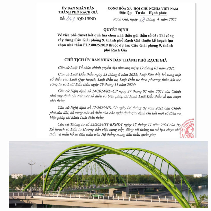 UBND TP. Rạch Giá có Quyết định số 241/QĐ-UBND ngày 17/4/2025 phê duyệt kết quả lựa chọn nhà thầu thực hiện Gói thầu số 03 Thi công xây dựng cầu Giải Phóng 9