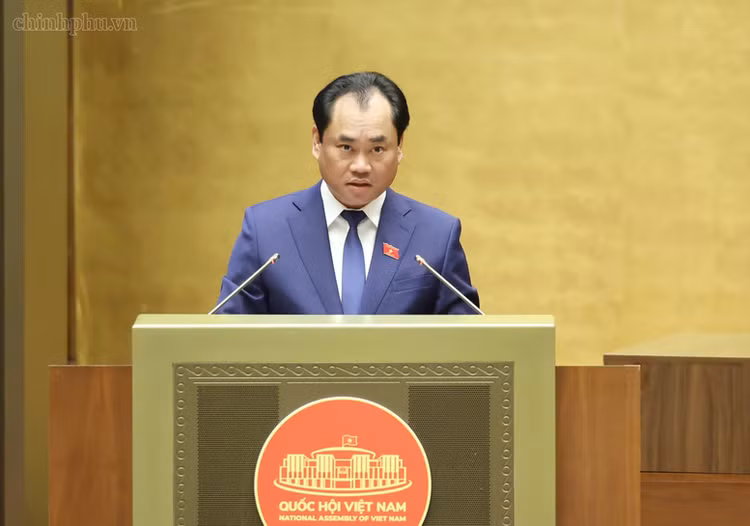 Bộ trưởng Bộ Nông nghiệp và Môi trường Trịnh Việt Hùng trình bày Tờ trình về định hướng chính sách sửa đổi Luật Đất đai năm 2024 - Ảnh: chinhphu.vn/Nhật Bắc