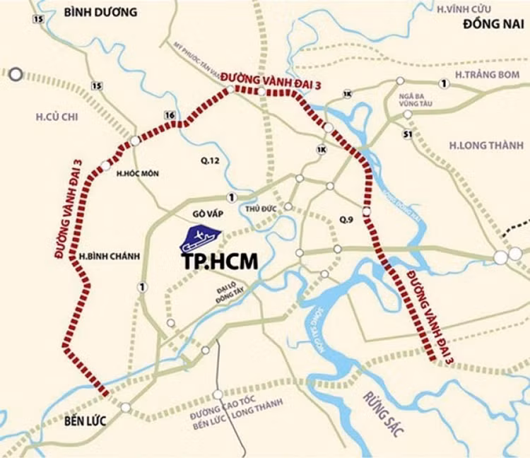 Giai đoạn 1 của Vành đai 3 TP.HCM có chiều dài 76 km, trong đó đoạn đi thấp có tổng chiều dài 53 km, đoạn trên cao 13 km. Ảnh St: Nhã Chi