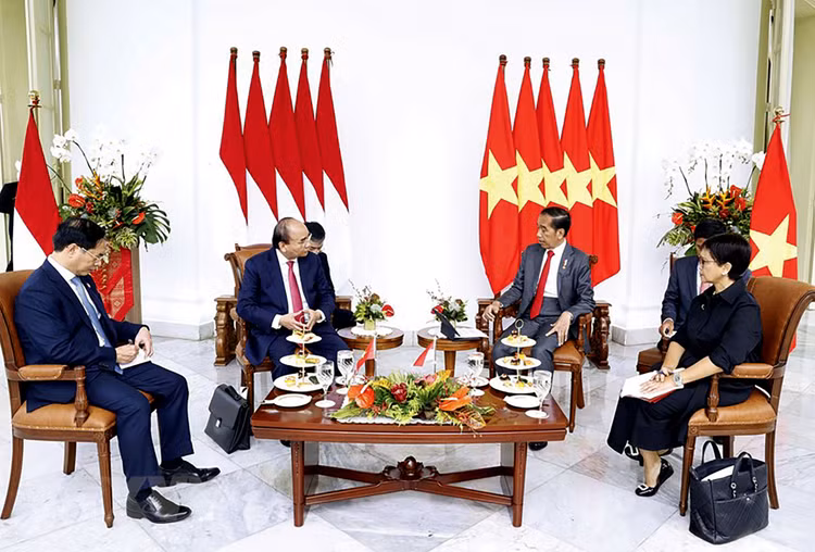 Chủ tịch nước Nguyễn Xuân Phúc hội đàm với Tổng thống Indonesia Joko Widodo. Ảnh: Thống Nhất
