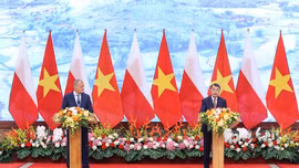 Thủ tướng Lê Minh Hưng và Thủ tướng Cộng hòa Ba Lan Donald Tusk gặp gỡ báo chí thông báo kết quả hội đàm - Ảnh: chinhphu.vn/Nhật Bắc